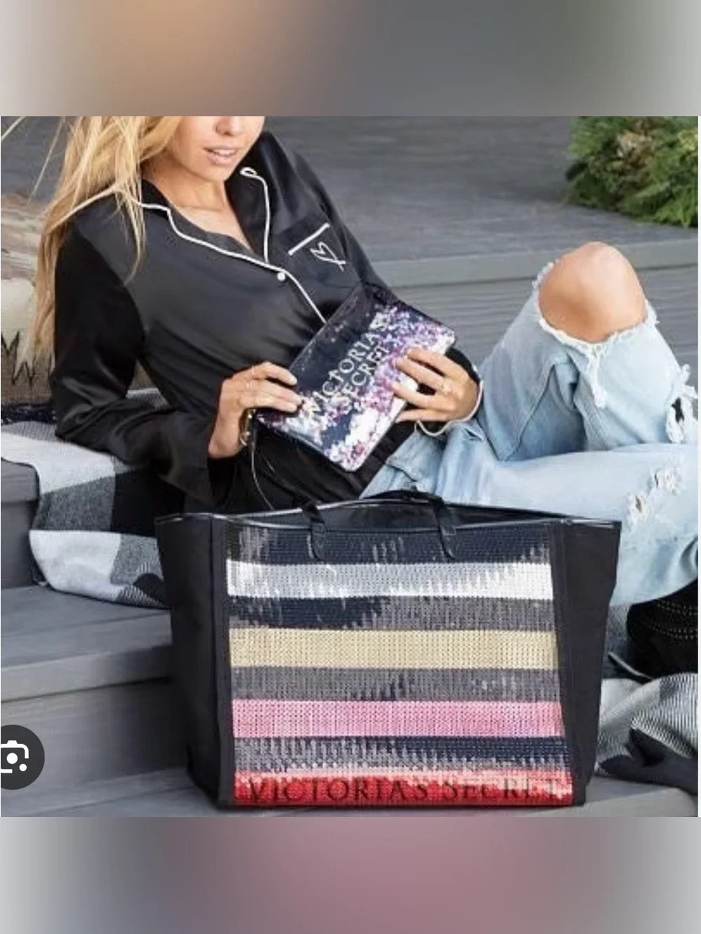 Victoria’s Secret Sequin Stripe Large Tote Bag + Wristlet Black Multicolor
